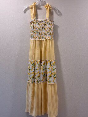 BEBOP Sundress Yellow Lemons & Gingham Shoulder Ties Tiered Maxi Dress Women L